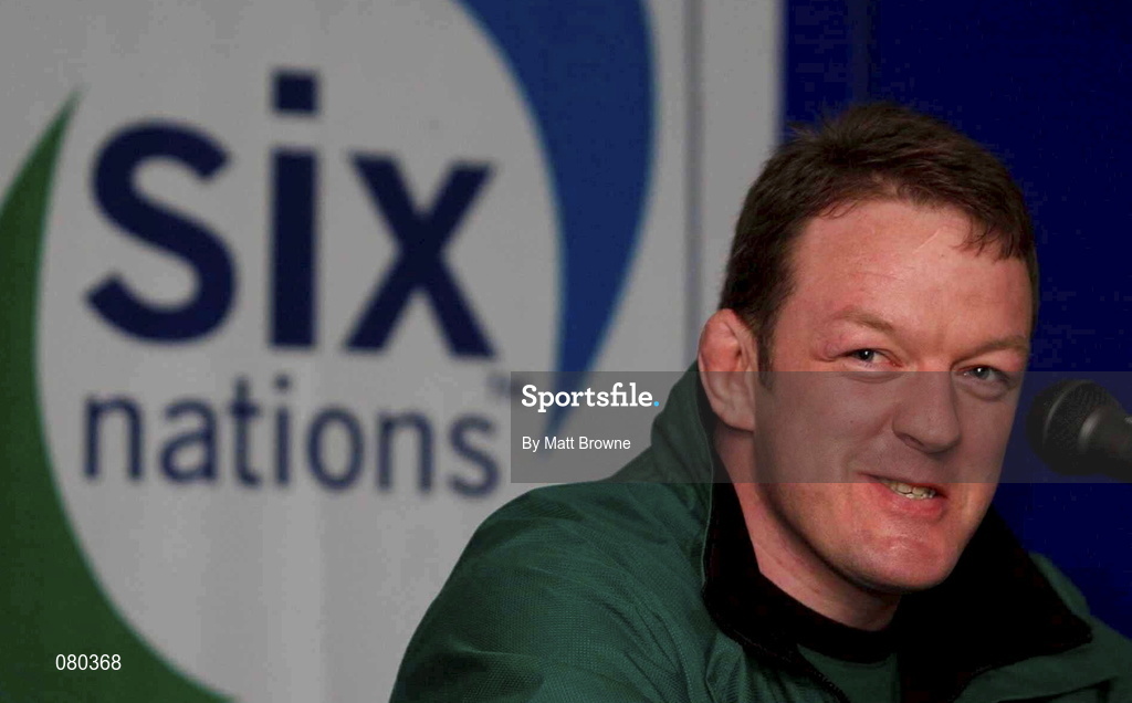 30 January 2002; Mick Galwey during the press conference for the Six Nations game against Wales prior to Irish Rugby Squad Training at Dr Hickey Park in Greystones, Wicklow. Photo by Matt Browne/Sportsfile