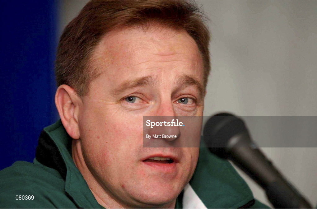 30 January 2002; Irish rugby team head coach Eddie O'Sullivan pictured during the press conference for the Six Nations game against Wales prior to Irish Rugby Squad Training at Dr Hickey Park in Greystones, Wicklow. Photo by Matt Browne/Sportsfile