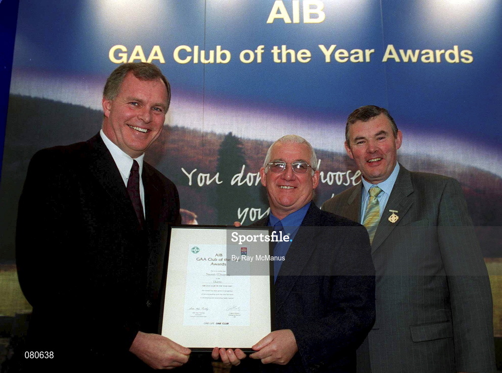 4 February 2002; Pictured at the AIB GAA Club of the Year Awards 2001 in Croke Park are Eugene Sheehy, Managing Director AIB, President of the GAA Sean McCague, Declan McConnell of Naomh Mearnog who won the Dublin Club of the Year Award at Croke Park in Dublin. Photo by Ray McManus/Sportsfile