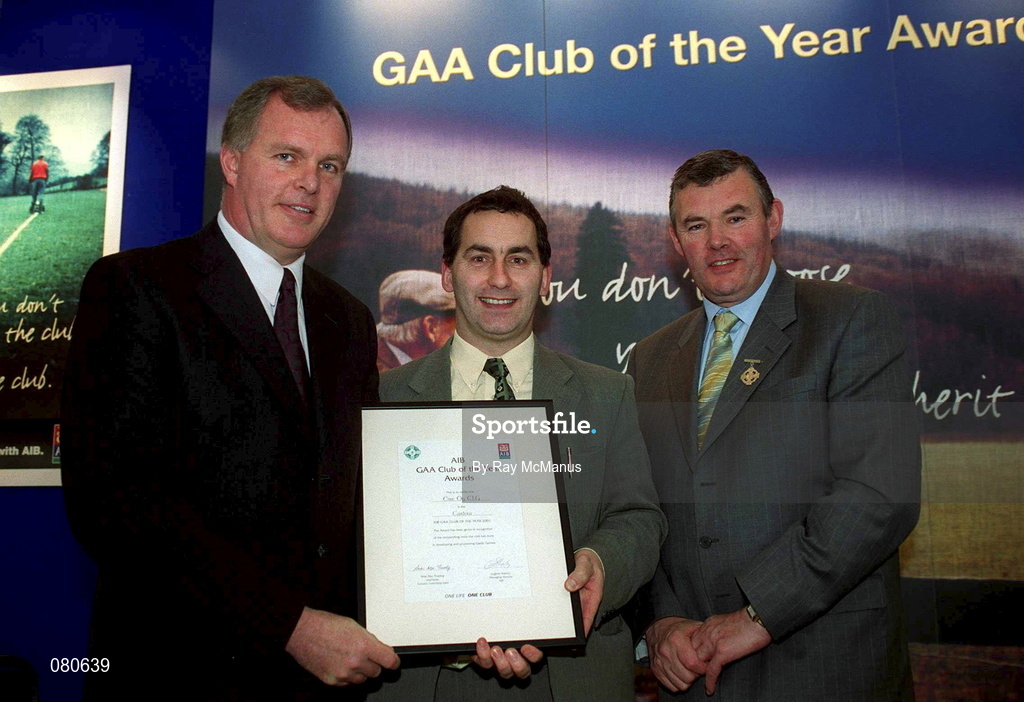 4 February 2002; Pictured at the AIB GAA Club of the Year Awards 2001 in Croke Park are Eugene Sheehy, Managing Director AIB, President of the GAA Sean McCague, Turlough O'Brien of Éire Óg who won the Carlow Club of the Year Award at Croke Park in Dublin. Photo by Ray McManus/Sportsfile