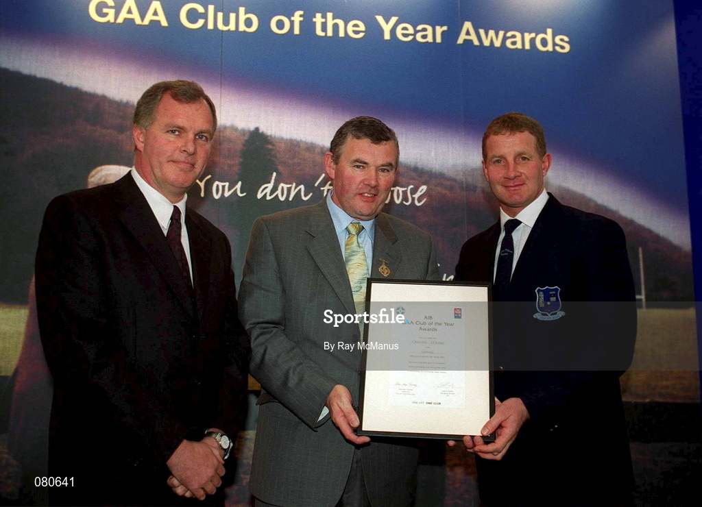4 February 2002; Pictured at the AIB GAA Club of the Year Awards 2001 in Croke Park are Eugene Sheehy, Managing Director AIB, President of the GAA Sean McCague, Gerry Fahy of îranmor/Meara  who won the Galway Club of the Year Award at Croke Park in Dublin. Photo by Ray McManus/Sportsfile