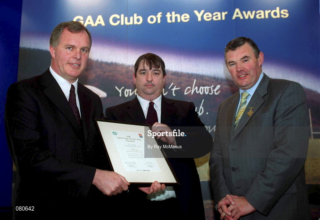 4 February 2002; Pictured at the AIB GAA Club of the Year Awards 2001 in Croke Park are Eugene Sheehy, Managing Director AIB, President of the GAA Sean McCague, Paul Kavanagh of Emerlads GAA Club  who won the Kilkenny Club of the Year Award at Croke Park in Dublin. Photo by Ray McManus/Sportsfile