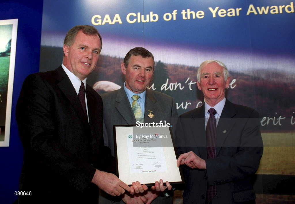 4 February 2002; Pictured at the AIB GAA Club of the Year Awards 2001 in Croke Park are Eugene Sheehy, Managing Director AIB, President of the GAA Sean McCague, Paddy Callan of St. Mary's Ardee who won the Louth Club of the Year Award at Croke Park in Dublin. Photo by Ray McManus/Sportsfile