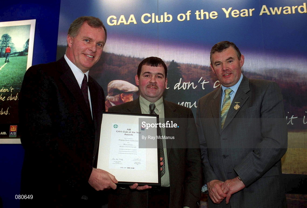 4 February 2002; Pictured at the AIB GAA Club of the Year Awards 2001 in Croke Park are Eugene Sheehy, Managing Director AIB, President of the GAA Sean McCague, Charlie Reynolds of Kilglass Gaels  who won the Roscommon Club of the Year Award at Croke Park in Dublin. Photo by Ray McManus/Sportsfile