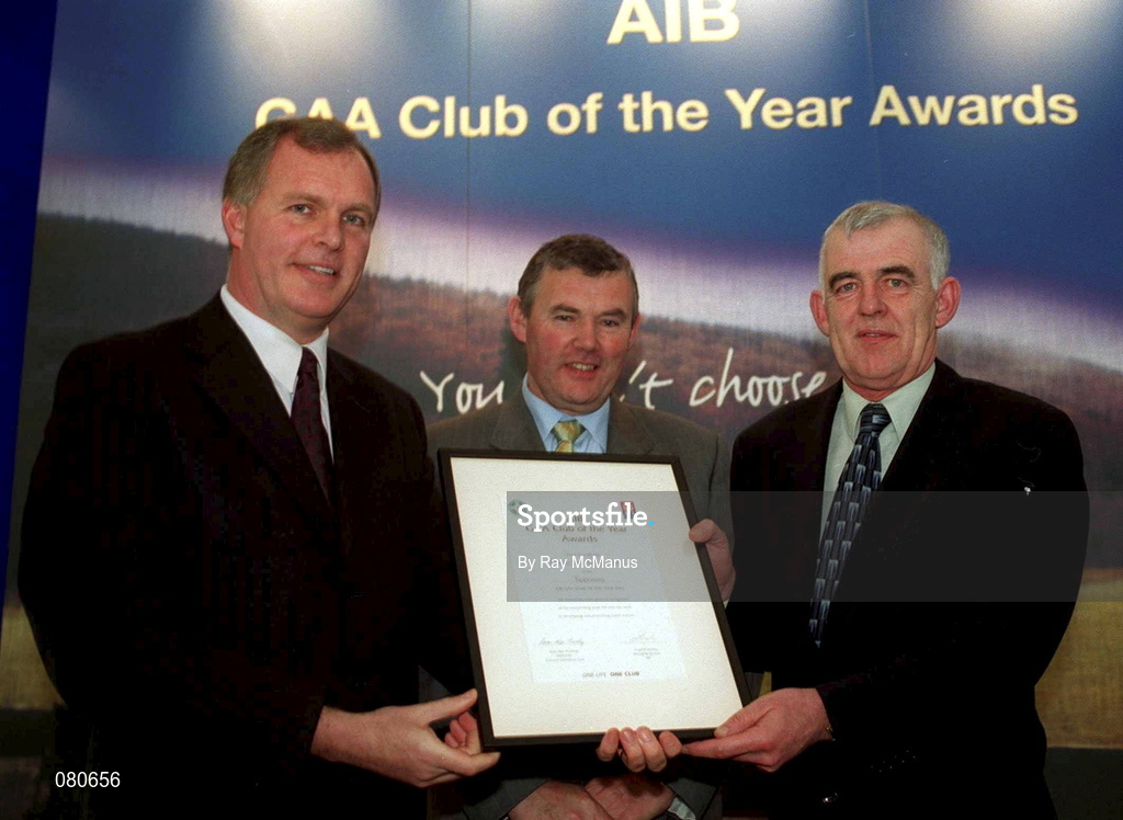 4 February 2002; Pictured at the AIB GAA Club of the Year Awards 2001 in Croke Park are Eugene Sheehy, Managing Director AIB, President of the GAA Sean McCague, Mattie Ryan of Drom-Inch GAA Club who won the Tipperary Club of the Year Award at Croke Park in Dublin. Photo by Ray McManus/Sportsfile