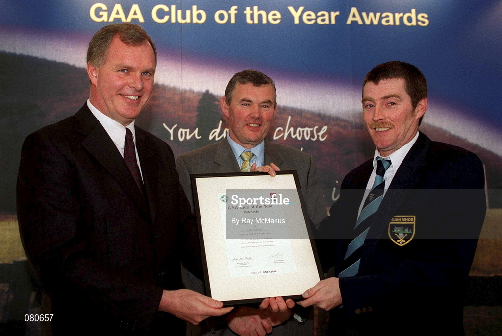 4 February 2002; Pictured at the AIB GAA Club of the Year Awards 2001 in Croke Park are Eugene Sheehy, Managing Director AIB, President of the GAA Sean McCague, Bernard Brannigan of CLG An Ruan Mhor who won the Waterford Club of the Year Award at Croke Park in Dublin. Photo by Ray McManus/Sportsfile