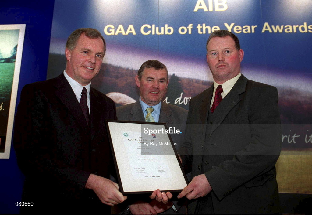 4 February 2002; Pictured at the AIB GAA Club of the Year Awards 2001 in Croke Park are Eugene Sheehy, Managing Director AIB, President of the GAA Sean McCague, Denis Nolan of Taghmon Camross  who won the Wexford Club of the Year Award at Croke Park in Dublin. Photo by Ray McManus/Sportsfile