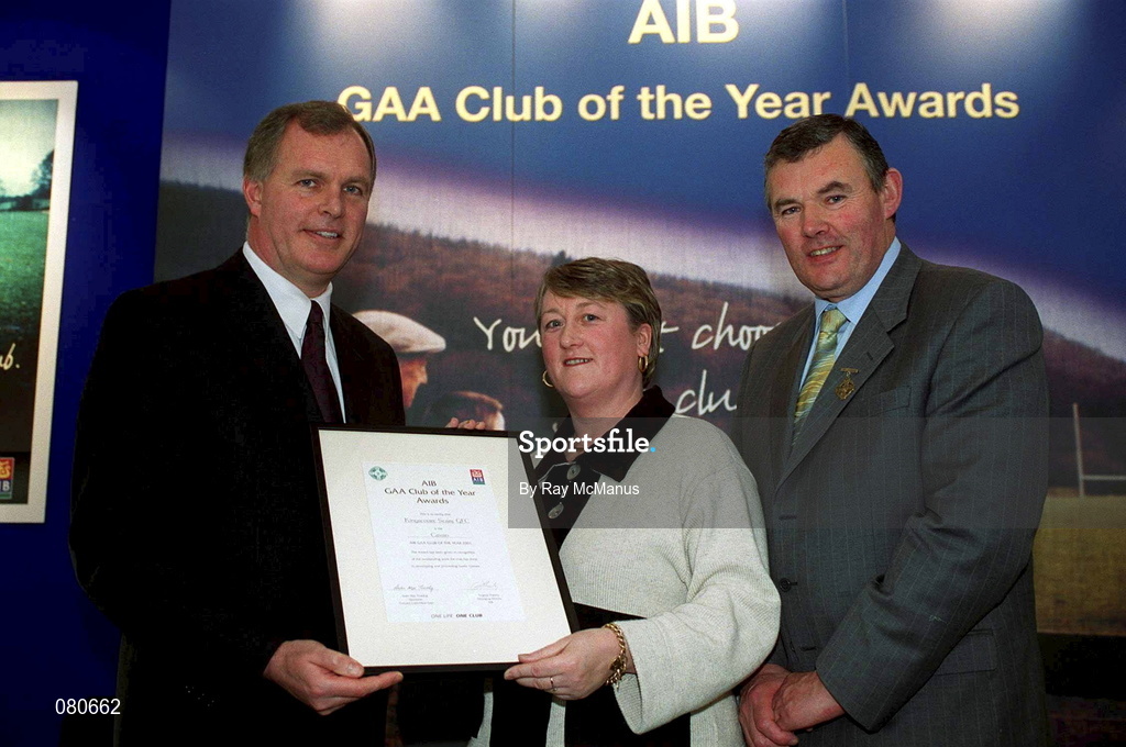4 February 2002; Pictured at the AIB GAA Club of the Year Awards 2001 in Croke Park are Eugene Sheehy, Managing Director AIB, President of the GAA Sean McCague,  Rosena Jordan of Kingscourt Stars who won the Cavan Club of the Year Award at Croke Park in Dublin. Photo by Ray McManus/Sportsfile