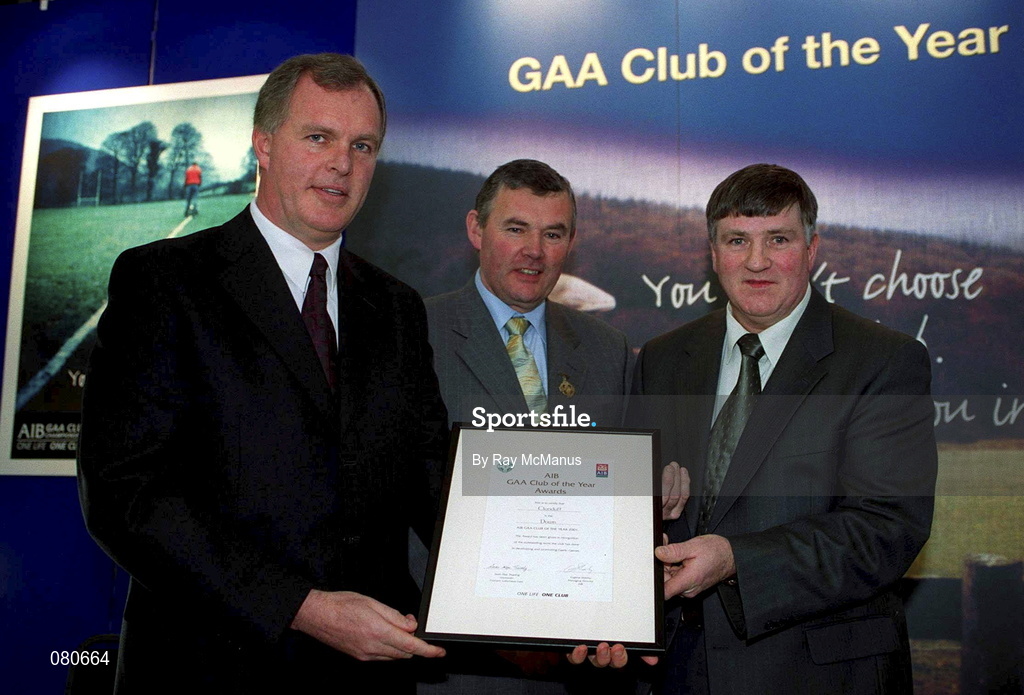 4 February 2002; Pictured at the AIB GAA Club of the Year Awards 2001 in Croke Park are Eugene Sheehy, Managing Director AIB, President of the GAA Sean McCague, John McDolan of Clonduff GAA Club  who won the Down Club of the Year Award at Croke Park in Dublin. Photo by Ray McManus/Sportsfile