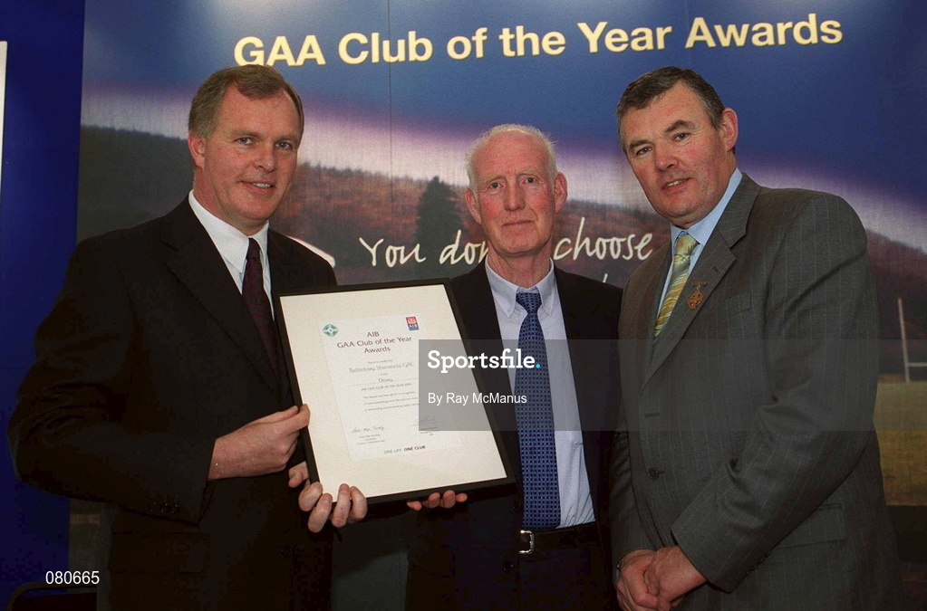 4 February 2002; Pictured at the AIB GAA Club of the Year Awards 2001 in Croke Park are Eugene Sheehy, Managing Director AIB, President of the GAA Sean McCague, Michael Donnelly of Ballinderry Shamrocks GAC who won the Derry Club of the Year Award at Croke Park in Dublin. Photo by Ray McManus/Sportsfile