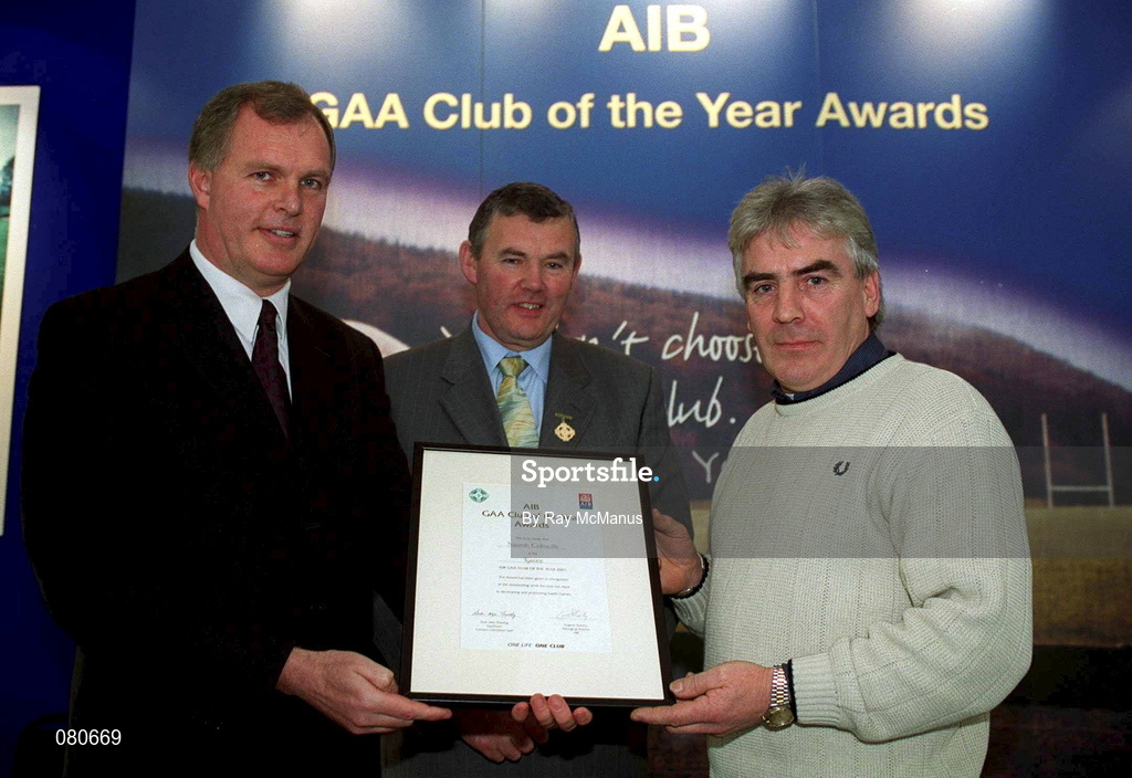 4 February 2002; Pictured at the AIB GAA Club of the Year Awards 2001 in Croke Park are Eugene Sheehy, Managing Director AIB, Sean McCague, President of the GAA, Arthur McCallan of Naomh Colmcille who won the Tyrone Club of the Year Award at Croke Park in Dublin. Photo by Ray McManus/Sportsfile
