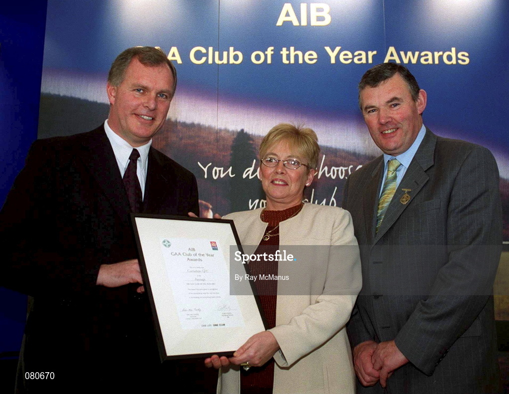 4 February 2002; Pictured at the AIB GAA Club of the Year Awards 2001 in Croke Park are Eugene Sheehy, Managing Director AIB, Sean McCague, President of the GAA, Dolores Taggart of Cuchullain GFC who won the Armagh Club of the Year Award at Croke Park in Dublin. Photo by Ray McManus/Sportsfile