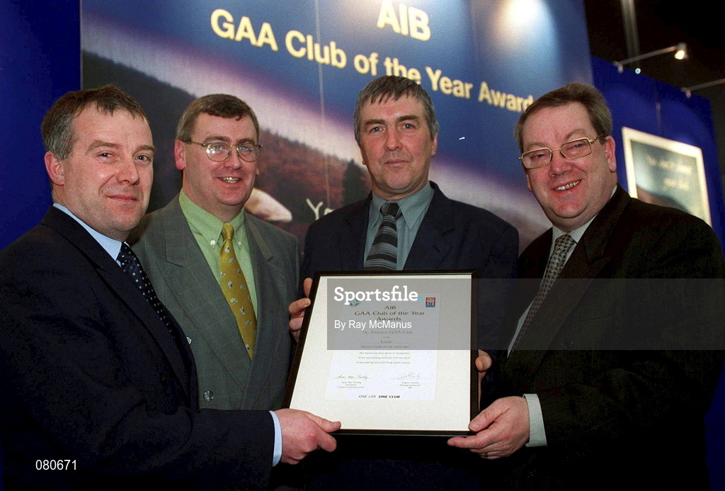 4 February 2002; Pictured at the AIB GAA Club of the Year Awards 2001 in Croke Park are John Connolly of AIB, John Carroll, Pat Sydes and Sean Bryne of St. Fintan's GAA Club the Laois Club of the Year for 2001 at Croke Park in Dublin. Photo by Ray McManus/Sportsfile