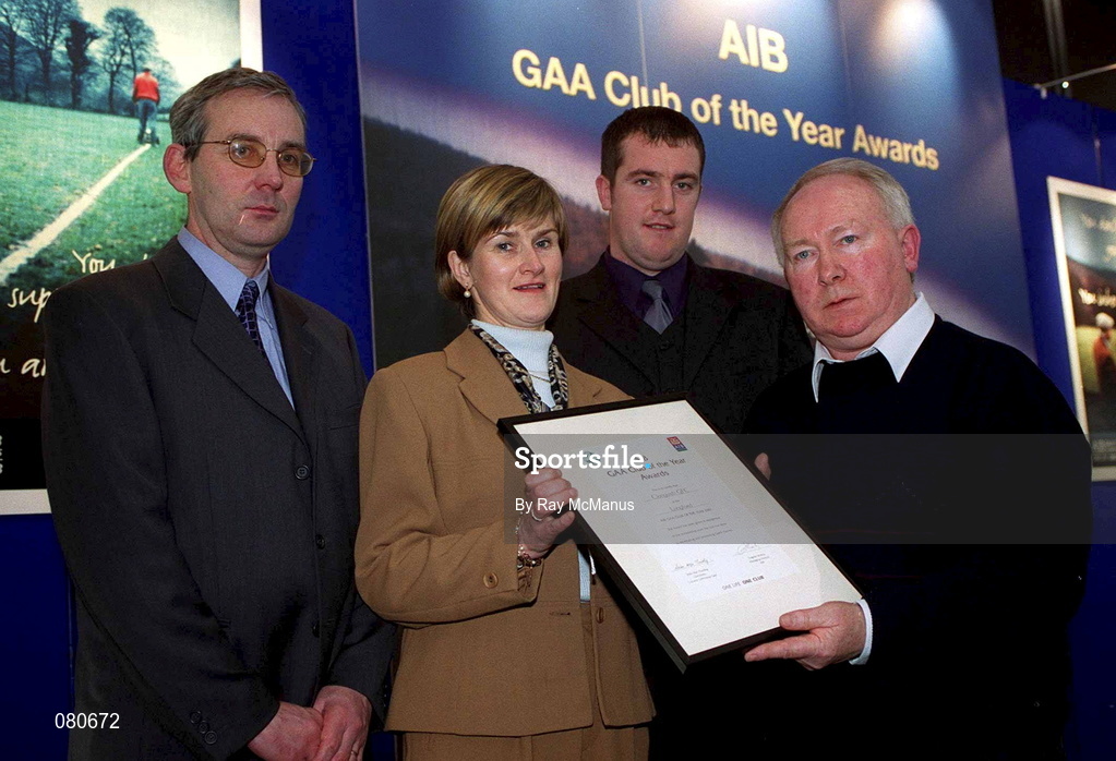 4 February 2002; Pictured at the AIB GAA Club of the Year Awards 2001 are Pat O Brien of Cloguish GFC, Anne O'Brien of AIB, Mick McKeown and Enda Barden of Clonguish GFC as Clonguish were the Longford AIB GAA Club of the Year Award winners at Croke Park in Dublin. Photo by Ray McManus/Sportsfile