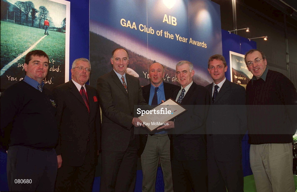 4 February 2002; Pictured at the AIB GAA Club of the Year Awards 2001 in Croke Park are Martin Everard, Austin Broderick, both Drom-Inch GAA Club, Fergus Moriarity of AIB, Tommy Butler, Mattie Ryan of Drom-Inch GAA Club, Nicolas English of AIB and Paudie Butler Drom-Inch GAA Club as Drom-Inch were presented with the Tipperary Club of the Year award at Croke Park in Dublin. Photo by Ray McManus/Sportsfile