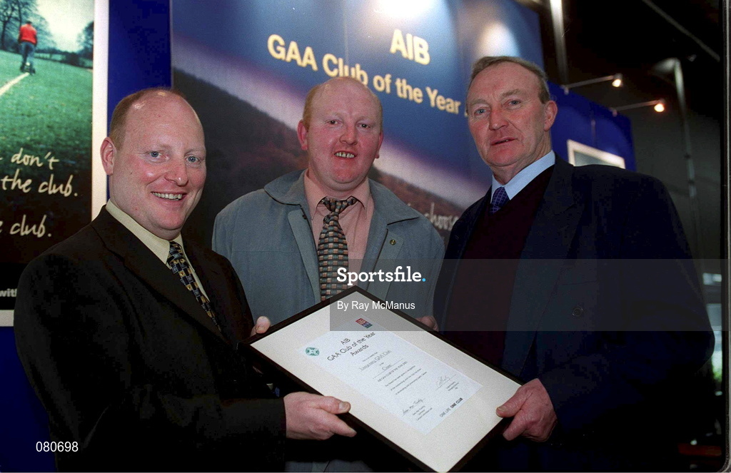 4 February 2002; Pictured at the AIB GAA Club of the Year Awards 2001 in Croke Park are Michael Earley, AIB, Larry Culligan and Paudie Halpin of Lisseycasey as Lisseycasey were presented with the Clare Club of the Year Award at Croke Park in Dublin. Photo by Ray McManus/Sportsfile