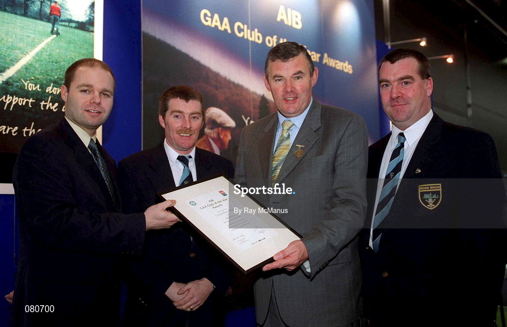 4 February 2002; Pictured at the AIB GAA Club of the Year Awards 2001 in Croke Park are Alan Golden, AIB, Bernard Brannigan, Sean McCague, President of the GAA, and John Fox as An Rutn Mhirr were presented with the Waterford Club of the Year Award at Croke Park in Dublin. Photo by Ray McManus/Sportsfile