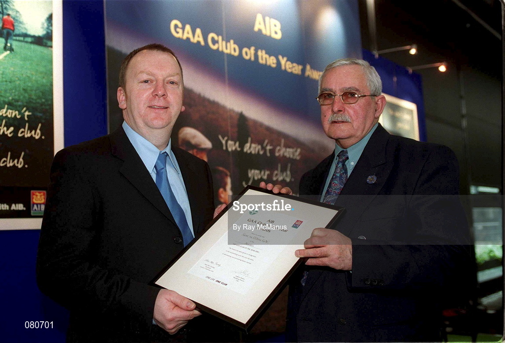 4 February 2002; Pictured at the AIB GAA Club of the Year Awards 2001 in Croke Park are Sean McCague, President of the GAA, Joe Grench and Willie Macken of Gort na Mona GAA Club who were presented with the Antrim Club of the Year Award at Croke Park in Dublin. Photo by Ray McManus/Sportsfile