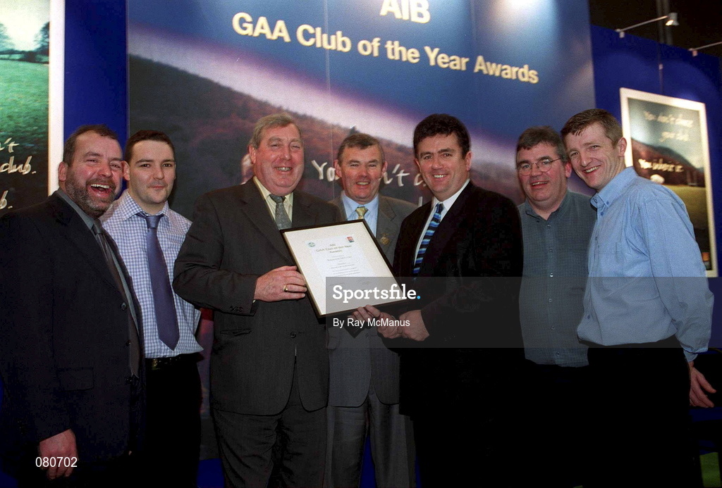 4 February 2002; Pictured at the AIB GAA Club of the Year Awards 2001 in Croke Park are Sean McGowan, Fergal McGill and Shay Reynolds, Bornacoola, Sean McCague, President of the GAA, Des Cahill of RTE and MC of the Awards, Tom Moore and Michael Farrell, both of Bornacoola.  Bornacoola were presented with the Leitrim Club of the Year Award at Croke Park in Dublin. Photo by Ray McManus/Sportsfile