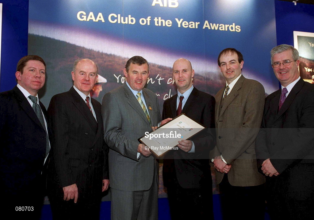 4 February 2002; Pictured at the AIB GAA Club of the Year Awards 2001 in Croke Park are Pat McManus, Frank McManus, both Kinawley Brian Borus, Sean McCague, President of the GAA, Fergal Cleary, Peter Cassidy, both Kinawley Brian Borus, and Peter Greene, First Trust, Kinawley Brian Borus were presented with the Fermanagh Club of the Year Award at Croke Park in Dublin. Photo by Ray McManus/Sportsfile