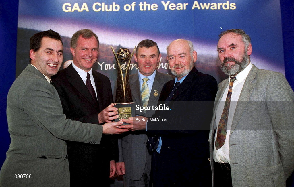 4 February 2002; Pictured at the AIB GAA Club of the Year Awards 2001 in Croke Park where Eire Og are presented with the 2001 AIB Club of the Year Award is Turlough O'Brien, Eugene Sheehy, Managing Director AIB, Sean McCague, President of the GAA, Eugene Kelly and John Farrell at Croke Park in Dublin. Photo by Ray McManus/Sportsfile