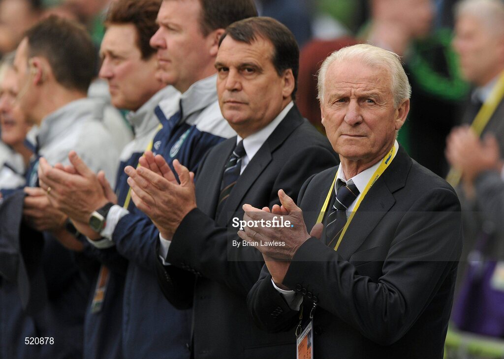 29 May 2011; Republic of Ireland manager Giovanni Trapattoni and his assistant Marco Tardelli applaud after the national anthems. Carling Four Nations Tournament, Republic of Ireland v Scotland, Aviva Stadium, Lansdowne Road, Dublin. Picture credit: Brian Lawless / SPORTSFILE