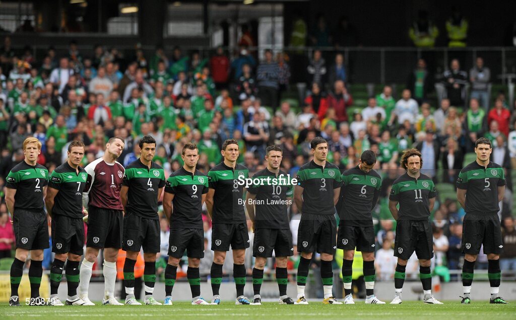 29 May 2011; The Republic of Ireland team stand for a minute's silence in memory of the late Philip Greene, RTÉ Radio broadcaster. Carling Four Nations Tournament, Republic of Ireland v Scotland, Aviva Stadium, Lansdowne Road, Dublin. Picture credit: Brian Lawless / SPORTSFILE