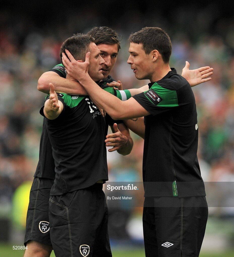 29 May 2011; Robbie Keane, Republic of Ireland, is congratulated by team-mates Stephen Ward, centre, and Darren O’Dea, right, after scoring his side's first goal. The goal was also his 49th international goal which puts him level with Sir Bobby Charlton for most International goals scored. Carling Four Nations Tournament, Republic of Ireland v Scotland, Aviva Stadium, Lansdowne Road, Dublin. Picture credit: David Maher / SPORTSFILE