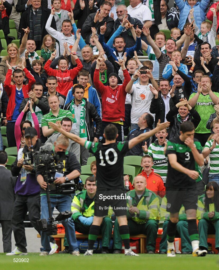 29 May 2011; Robbie Keane, Republic of Ireland, celebrates after scoring his side's first goal. The goal was also his 49th international goal which puts him level with Sir Bobby Charlton for most International goals scored. Carling Four Nations Tournament, Republic of Ireland v Scotland, Aviva Stadium, Lansdowne Road, Dublin. Picture credit: Brian Lawless / SPORTSFILE