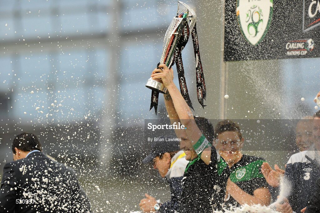 29 May 2011; Robbie Keane, Republic of Ireland, lifts the cup. Carling Four Nations Tournament, Republic of Ireland v Scotland, Aviva Stadium, Lansdowne Road, Dublin. Picture credit: Brian Lawless / SPORTSFILE