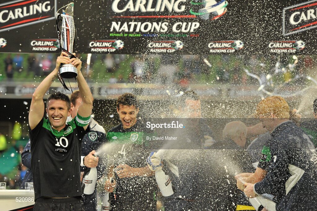29 May 2011; Robbie Keane, Republic of Ireland, celebrates with the cup and team-mates. Carling Four Nations Tournament, Republic of Ireland v Scotland, Aviva Stadium, Lansdowne Road, Dublin. Picture credit: David Maher / SPORTSFILE