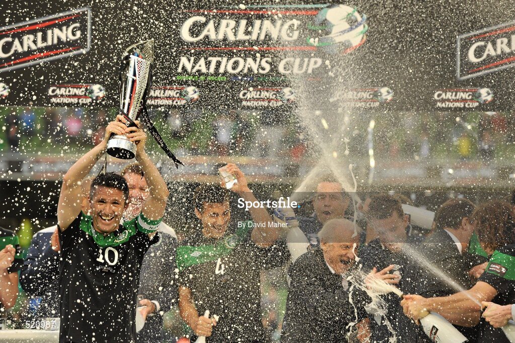 29 May 2011; Republic of Ireland captain Robbie Keane celebrates at the end of the game after winning the Carling Four Nations Tournament. Carling Four Nations Tournament, Republic of Ireland v Scotland, Aviva Stadium, Lansdowne Road, Dublin. Picture credit: David Maher / SPORTSFILE