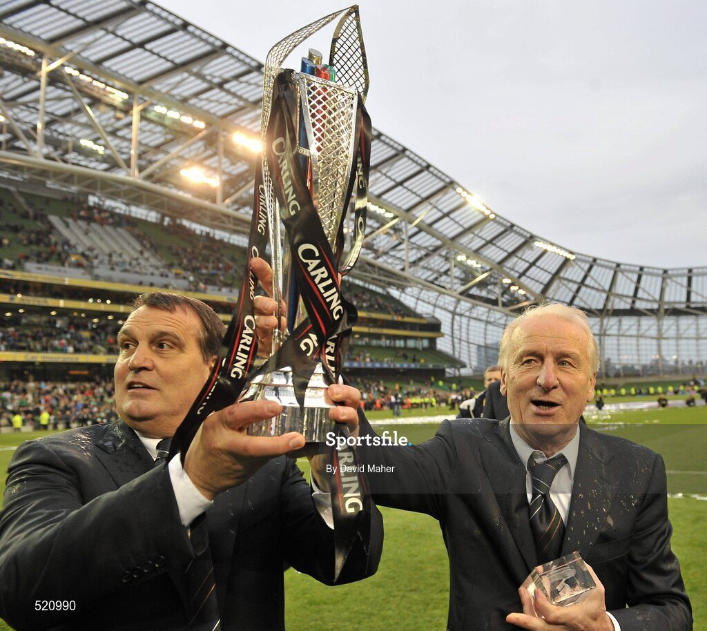29 May 2011; Republic of Ireland manager Giovanni Trapattoni, right, and his assistant manager Marco Tardelli with the cup after the game. Carling Four Nations Tournament, Republic of Ireland v Scotland, Aviva Stadium, Lansdowne Road, Dublin. Picture credit: David Maher / SPORTSFILE
