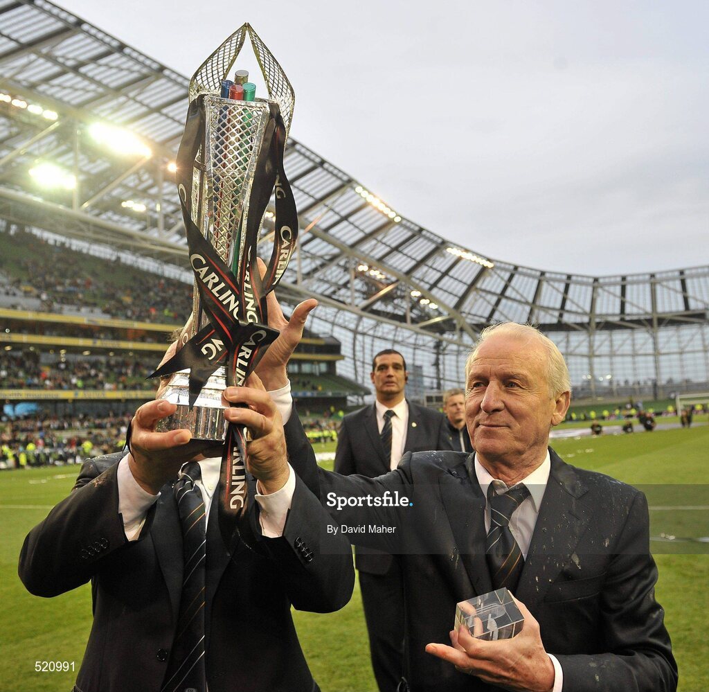 29 May 2011; Republic of Ireland manager Giovanni Trapattoni, right, with the trophy after the game. Carling Four Nations Tournament, Republic of Ireland v Scotland, Aviva Stadium, Lansdowne Road, Dublin. Picture credit: David Maher / SPORTSFILE
