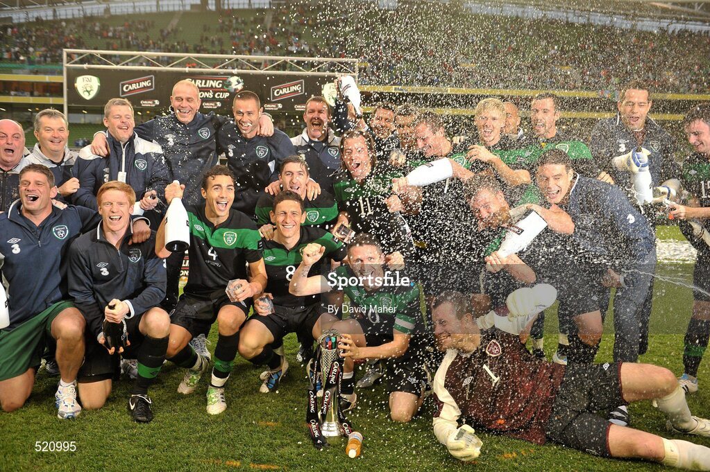 29 May 2011; Republic of Ireland players celebrate with the trophy after the game. Carling Four Nations Tournament, Republic of Ireland v Scotland, Aviva Stadium, Lansdowne Road, Dublin. Picture credit: David Maher / SPORTSFILE