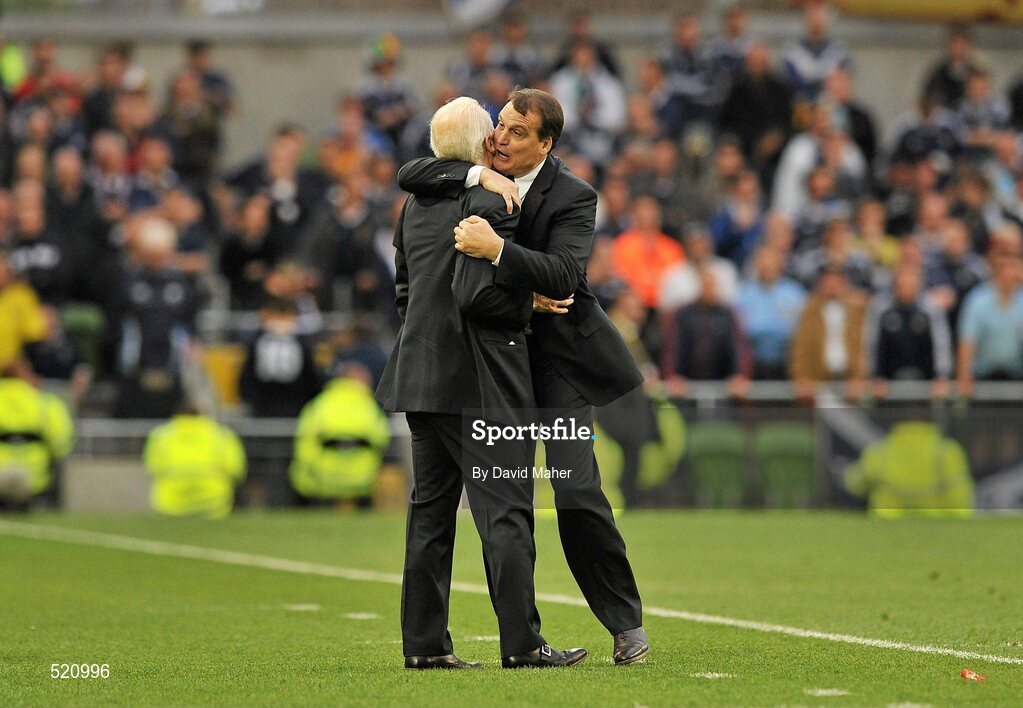 29 May 2011; Republic of Ireland manager Giovanni Trapattoni celebrates with his assistant manager Marco Tardelli at the final whistle. Carling Four Nations Tournament, Republic of Ireland v Scotland, Aviva Stadium, Lansdowne Road, Dublin. Picture credit: David Maher / SPORTSFILE