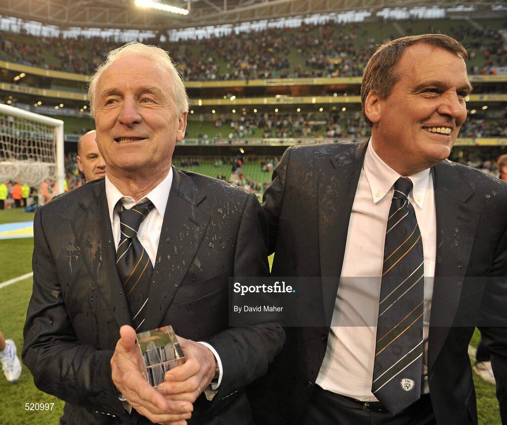 29 May 2011; Republic of Ireland manager Giovanni Trapattoni, left, with his assistant manager Marco Tardelli at the final whistle. Carling Four Nations Tournament, Republic of Ireland v Scotland, Aviva Stadium, Lansdowne Road, Dublin. Picture credit: David Maher / SPORTSFILE
