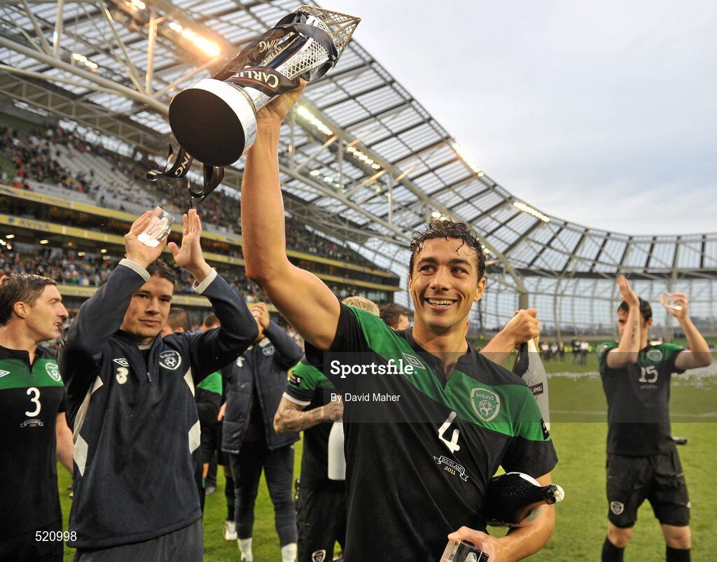 29 May 2011; Stephen Kelly, Republic of Ireland, celebrates with the trophy at the end of the game. Carling Four Nations Tournament, Republic of Ireland v Scotland, Aviva Stadium, Lansdowne Road, Dublin. Picture credit: David Maher / SPORTSFILE