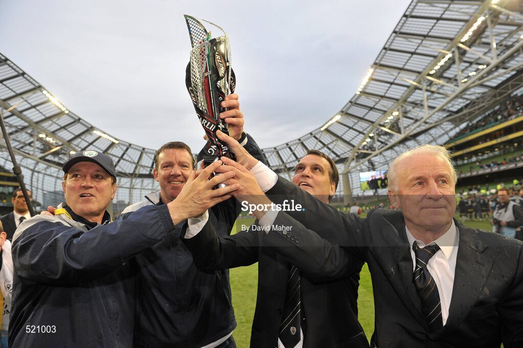 29 May 2011; Fausto Rossi, left, fitness coach, Alan Kelly, goalkeeping coach, Marco Tardelli, assistant manager, and Giovanni Trapattoni, right, manager, celebrate with the Carling Four Nations trophy after the game. Carling Four Nations Tournament, Republic of Ireland v Scotland, Aviva Stadium, Lansdowne Road, Dublin. Picture credit: David Maher / SPORTSFILE