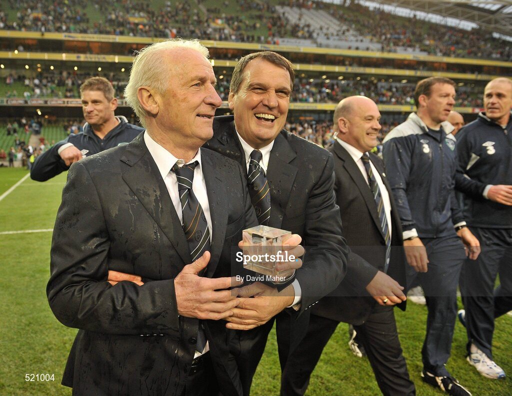 29 May 2011; Republic of Ireland manager Giovanni Trapattoni, left, and assistant manager Marco Tardelli celebrate at the end of the game. Carling Four Nations Tournament, Republic of Ireland v Scotland, Aviva Stadium, Lansdowne Road, Dublin. Picture credit: David Maher / SPORTSFILE