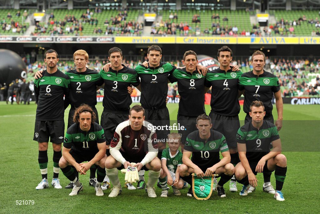 29 May 2011; The Republic of Ireland team, back row, left to right, Keith Fahey, Paul McShane, Stephen Ward, Dareen O'Dea, Keith Andrews, Stephen Kelly and Liam Lawrence. Front row, left to right, Stephen Hunt, Shay Given, Robbie Keane and Simon Cox. Carling Four Nations Tournament, Republic of Ireland v Scotland, Aviva Stadium, Lansdowne Road, Dublin. Picture credit: David Maher / SPORTSFILE