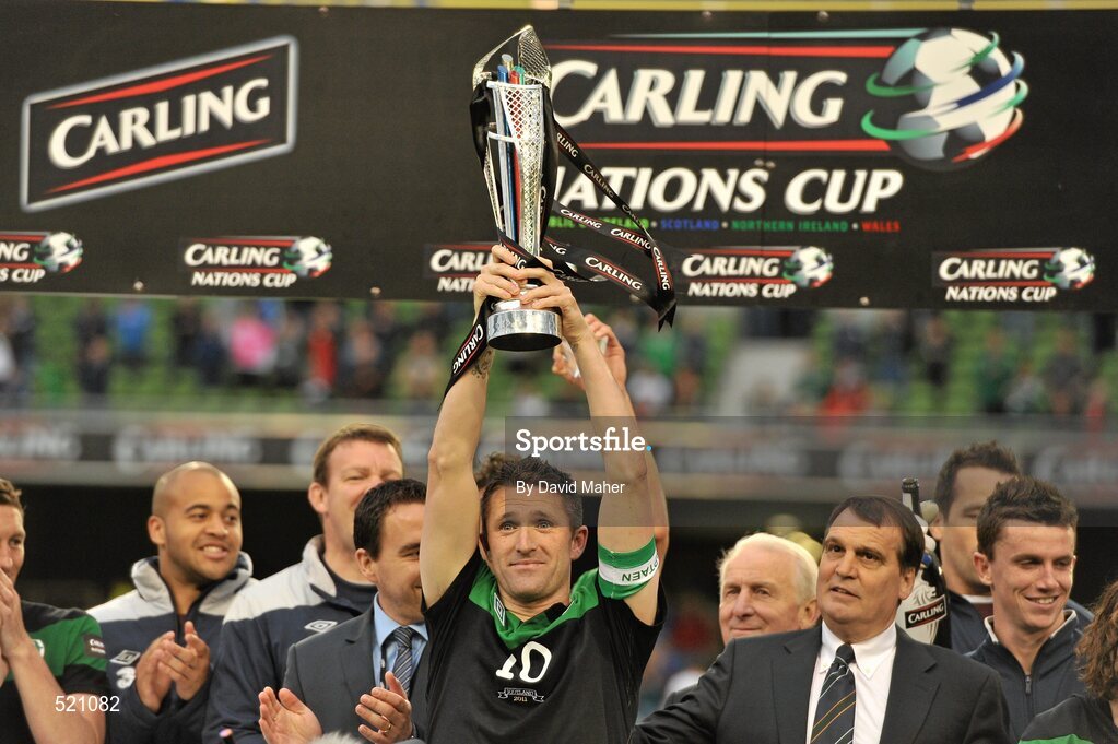 29 May 2011; Republic of Ireland captain Robbie Keane lifts the Carling Four Nations trophy. Carling Four Nations Tournament, Republic of Ireland v Scotland, Aviva Stadium, Lansdowne Road, Dublin. Picture credit: David Maher / SPORTSFILE