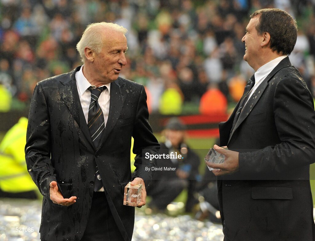 29 May 2011; Republic of Ireland manager Giovanni Trapattoni, left, and his assistant manager Marco Tardelli, pictured after both were sprayed with champagne following the presentation of the Carling Four Nations trophy. Carling Four Nations Tournament, Republic of Ireland v Scotland, Aviva Stadium, Lansdowne Road, Dublin. Picture credit: David Maher / SPORTSFILE