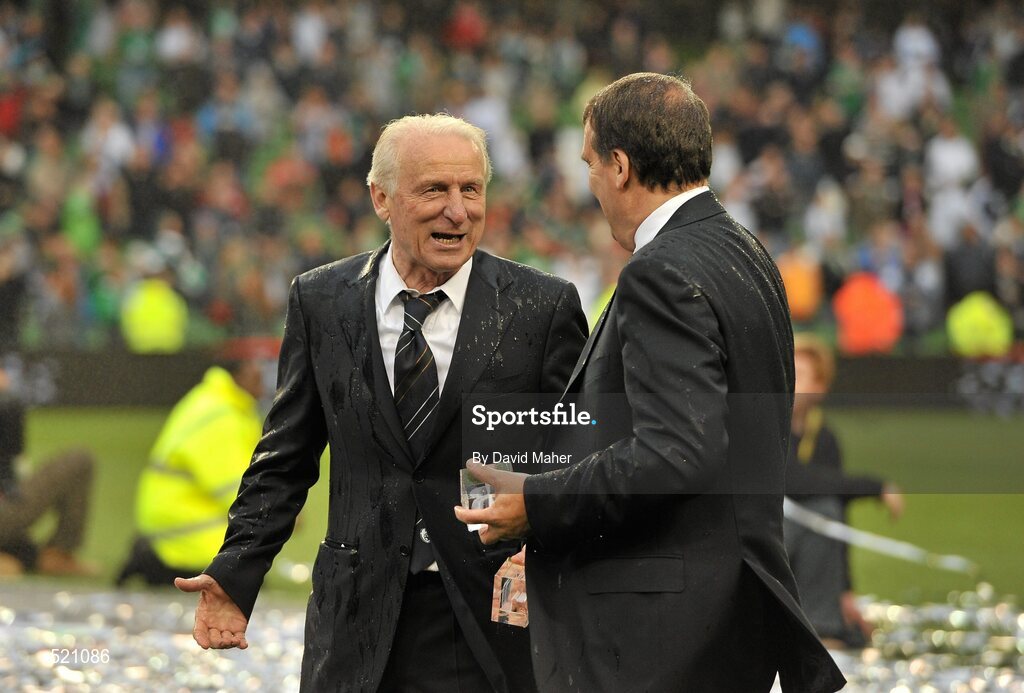 29 May 2011; Republic of Ireland manager Giovanni Trapattoni, left, and his assistant manager Marco Tardelli, pictured after both were sprayed with champagne following the presentation of the Carling Four Nations trophy. Carling Four Nations Tournament, Republic of Ireland v Scotland, Aviva Stadium, Lansdowne Road, Dublin. Picture credit: David Maher / SPORTSFILE