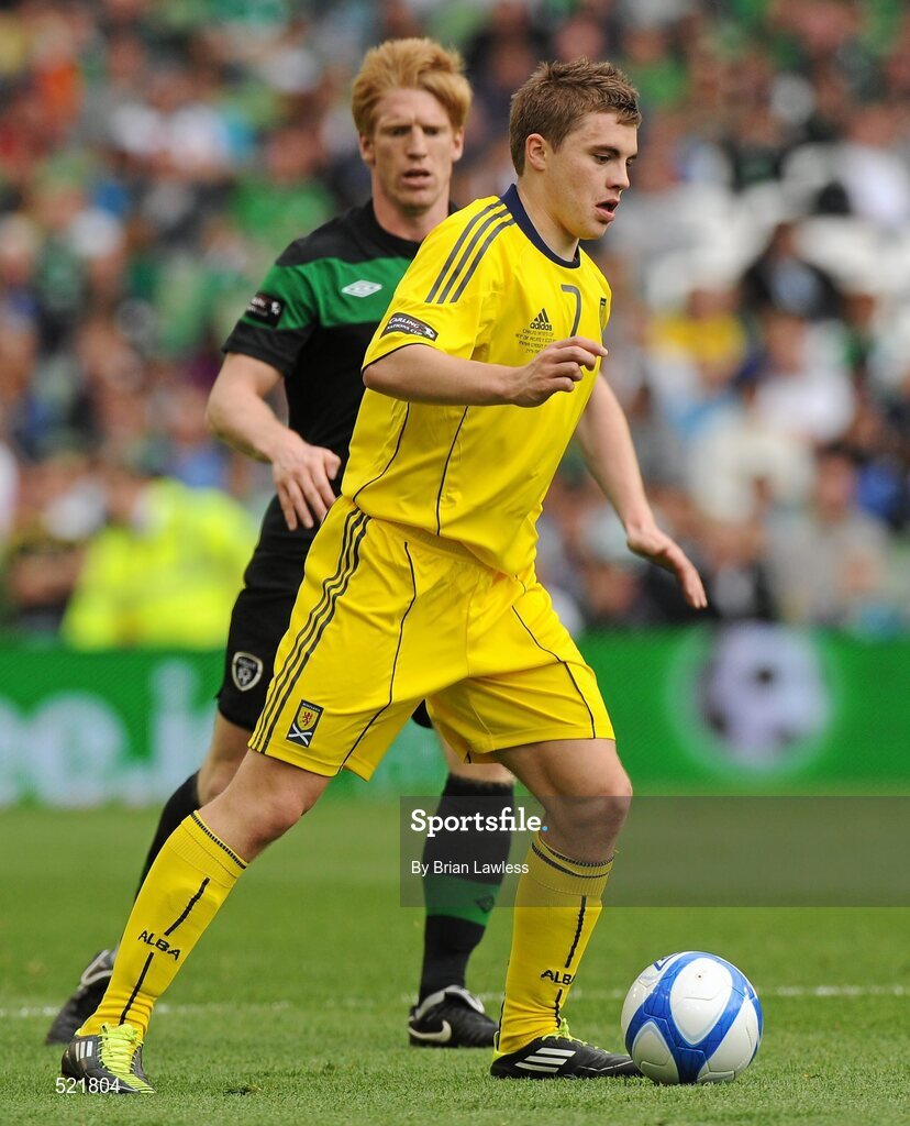29 May 2011; James Forrest, Scotland, in action against Paul McShane, Republic of Ireland. Carling Four Nations Tournament, Republic of Ireland v Scotland, Aviva Stadium, Lansdowne Road, Dublin. Picture credit: Brian Lawless / SPORTSFILE