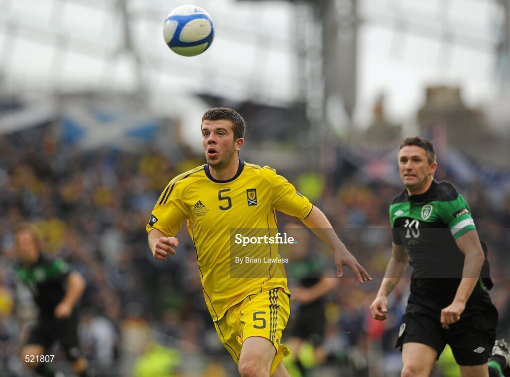 29 May 2011; Grant Hanley, Scotland, in action against Robbie Keane, Republic of Ireland. Carling Four Nations Tournament, Republic of Ireland v Scotland, Aviva Stadium, Lansdowne Road, Dublin. Picture credit: Brian Lawless / SPORTSFILE
