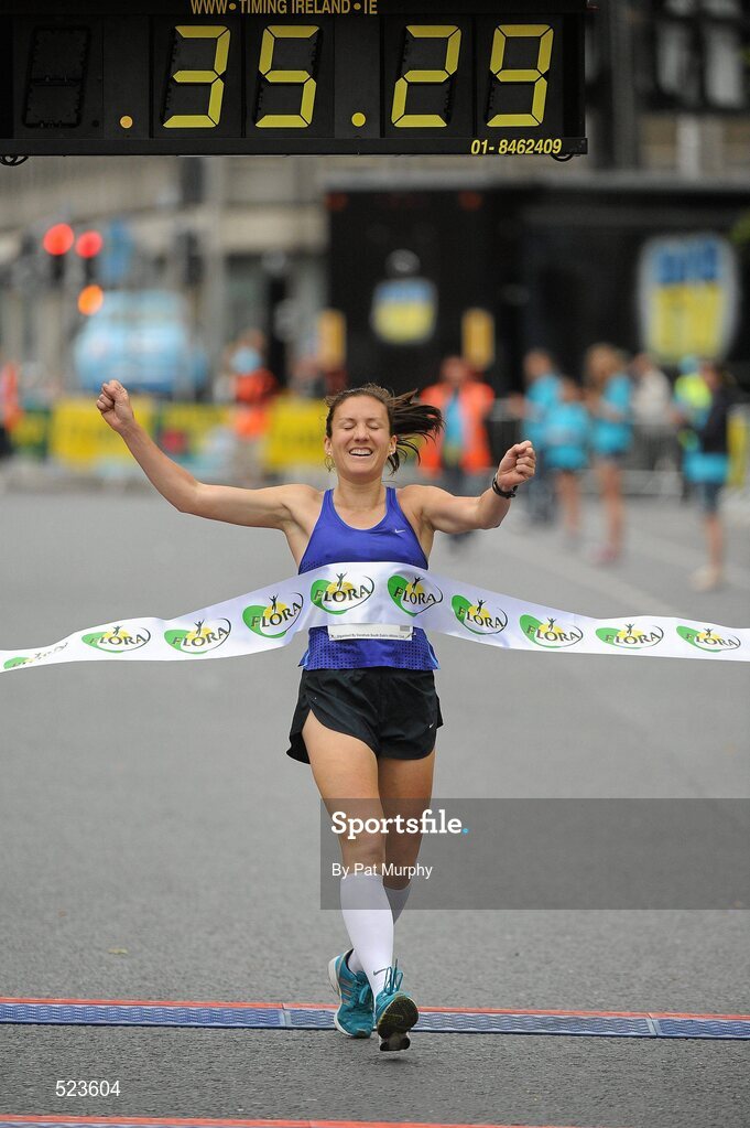 6 June 2011; Donegal's Catriona Jennings crosses the finish line to win the 2011 Flora Womens Mini Marathon. 2011 Flora Womens Mini Marathon, Dublin City. Picture credit: Pat Murphy / SPORTSFILE