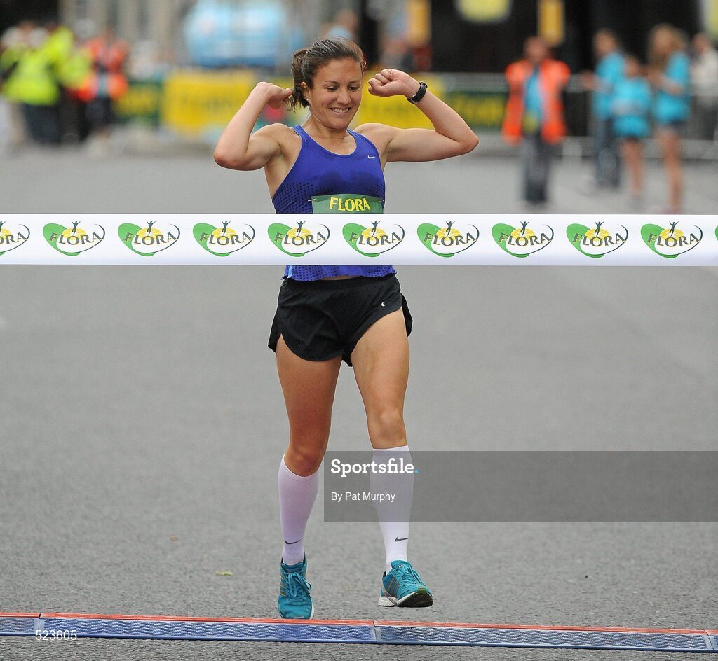 6 June 2011; Donegal's Catriona Jennings crosses the finish line to win the 2011 Flora Womens Mini Marathon. 2011 Flora Womens Mini Marathon, Dublin City. Picture credit: Pat Murphy / SPORTSFILE