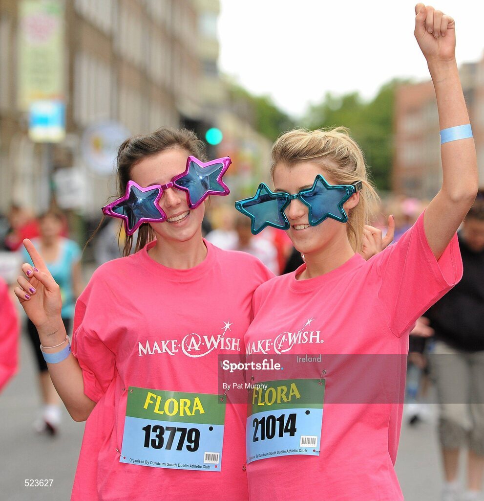 6 June 2011; Katy Doyle, left, and Emma Foley, both from Bray, Co. Wicklow, who ran in aid of the Make A Wish Foundation, before the 2011 Flora Womens Mini Marathon. 2011 Flora Womens Mini Marathon, Dublin City. Picture credit: Pat Murphy / SPORTSFILE