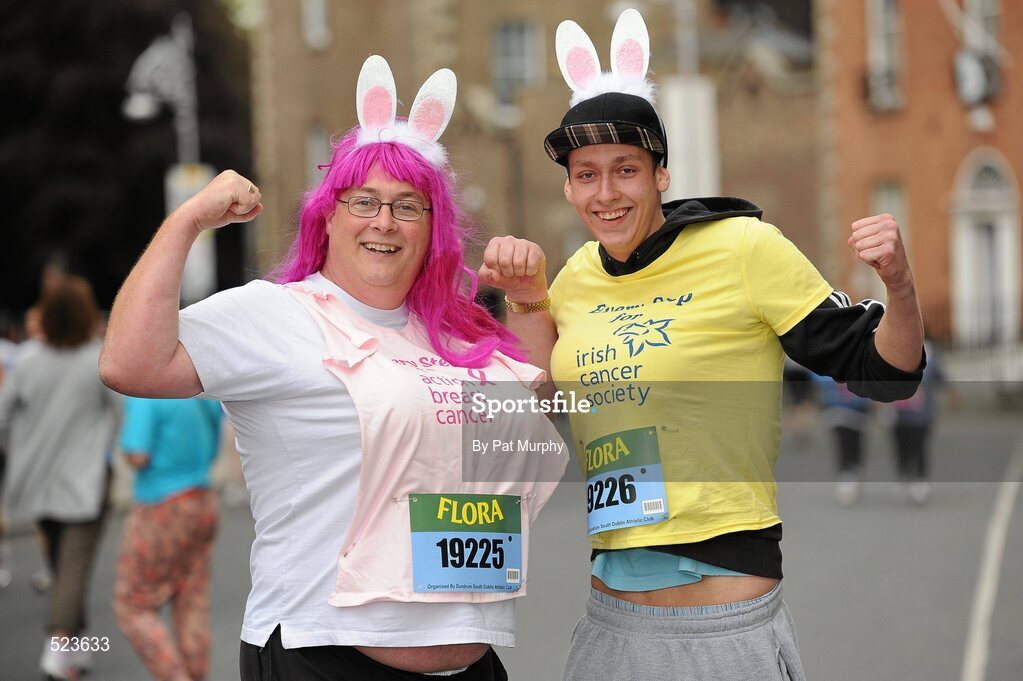 6 June 2011; Tony 'Antonette' Fiar, left, and his son Neil 'Melissa' Friar, from Dublin, who ran in aid of the Irish Cancer Society before the 2011 Flora Womens Mini Marathon. 2011 Flora Womens Mini Marathon, Dublin City. Picture credit: Pat Murphy / SPORTSFILE